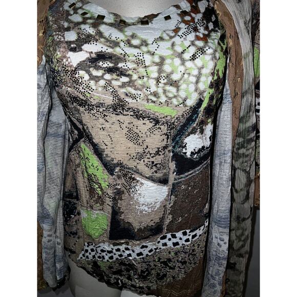 Alberto Makali Top Green Brown 2-fer Lace 3/4 Sleeve Embellished Blouse Size S - Picture 3 of 9